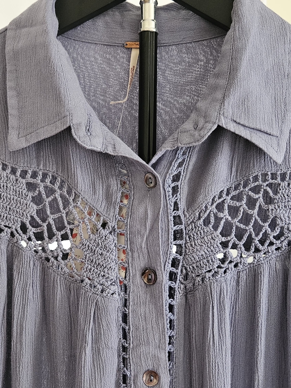 NWT Free People Blue Crochet Inset Button Down Gauze Blouse Boho Top Size S - Picture 5 of 14